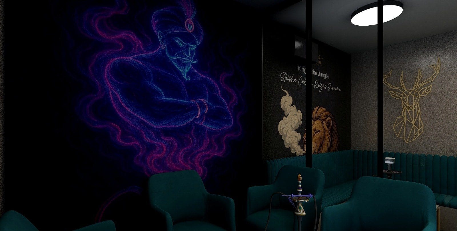 Café & Lounge at Karkardooma — seating against the neon feature wall