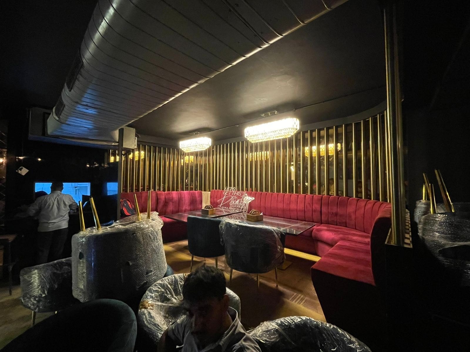 Café at Hudson Lane — seating banquette during fit-out