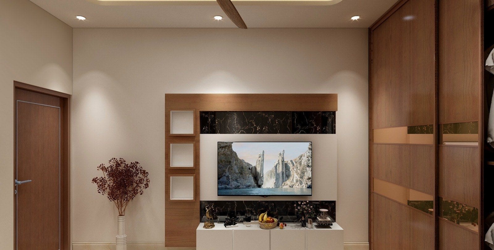 Interior at Karawal Nagar — media wall with open shelving