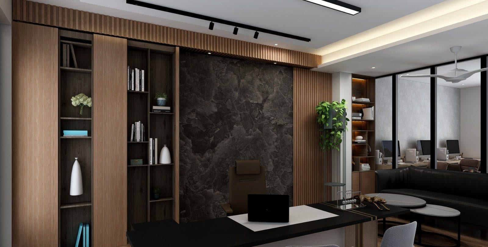 Office at Faridabad — cabin with timber and stone panelling