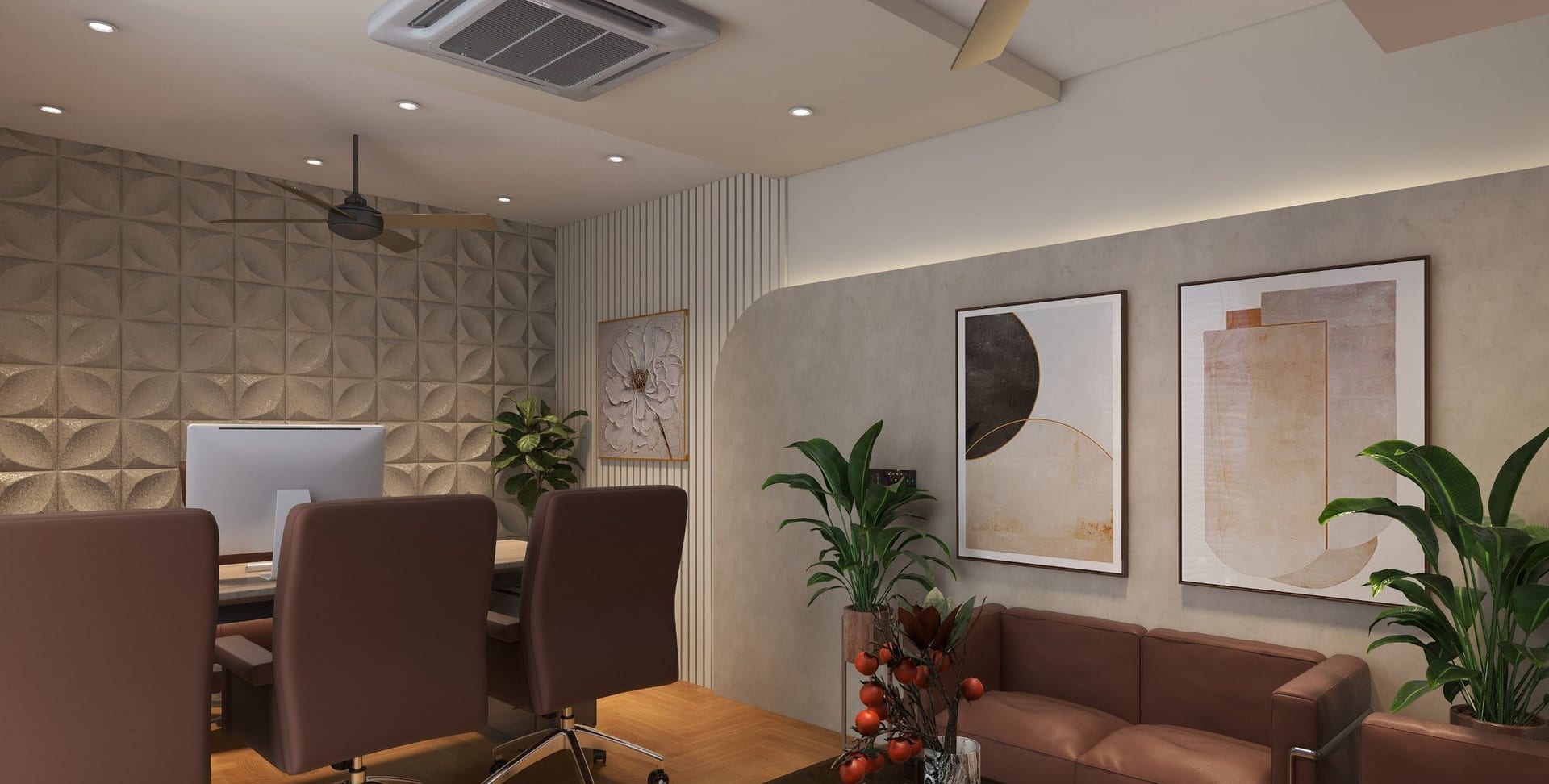 Office at Yamuna Vihar — cabin with textured feature wall