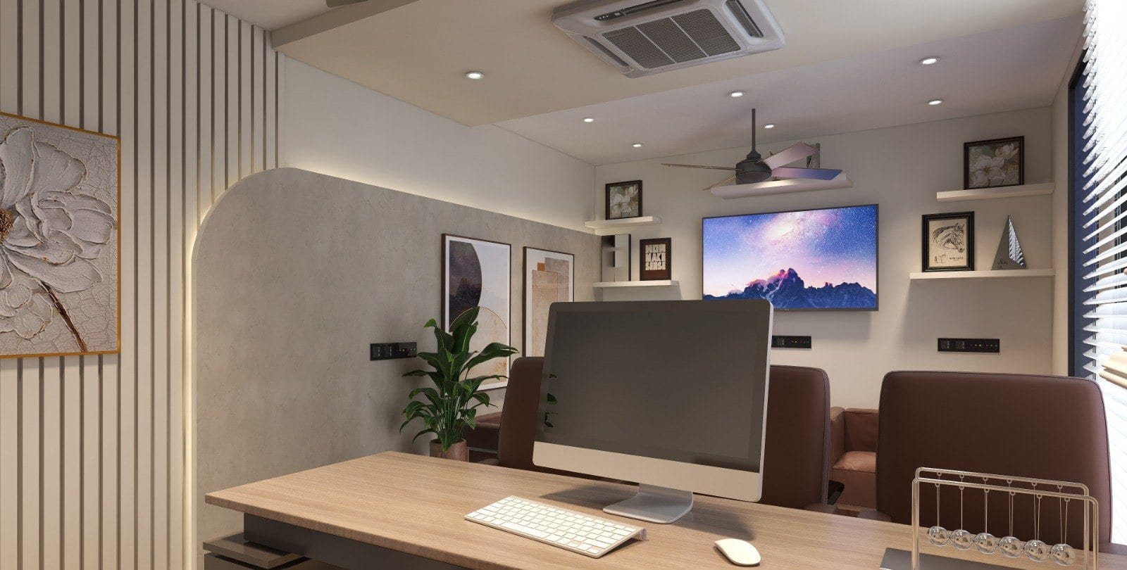 Office at Yamuna Vihar — desk with fluted wall panelling