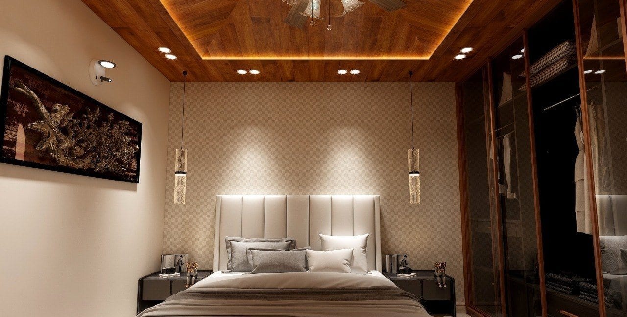Residence at Bhajanpura — bedroom with carved timber panel