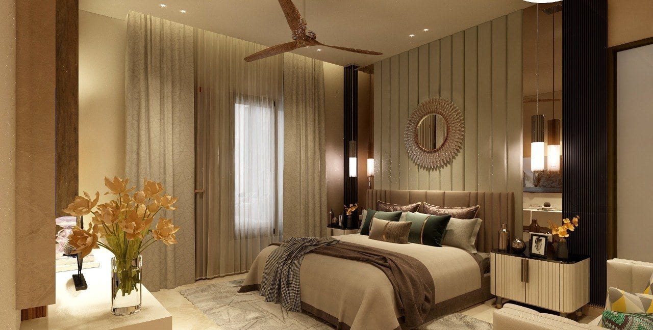 Residence at Bhajanpura — bedroom with fluted headboard wall