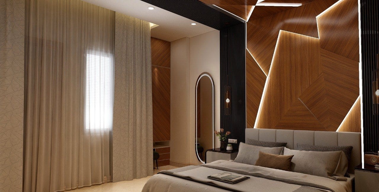 Residence at Bhajanpura — bedroom with full-height curtains