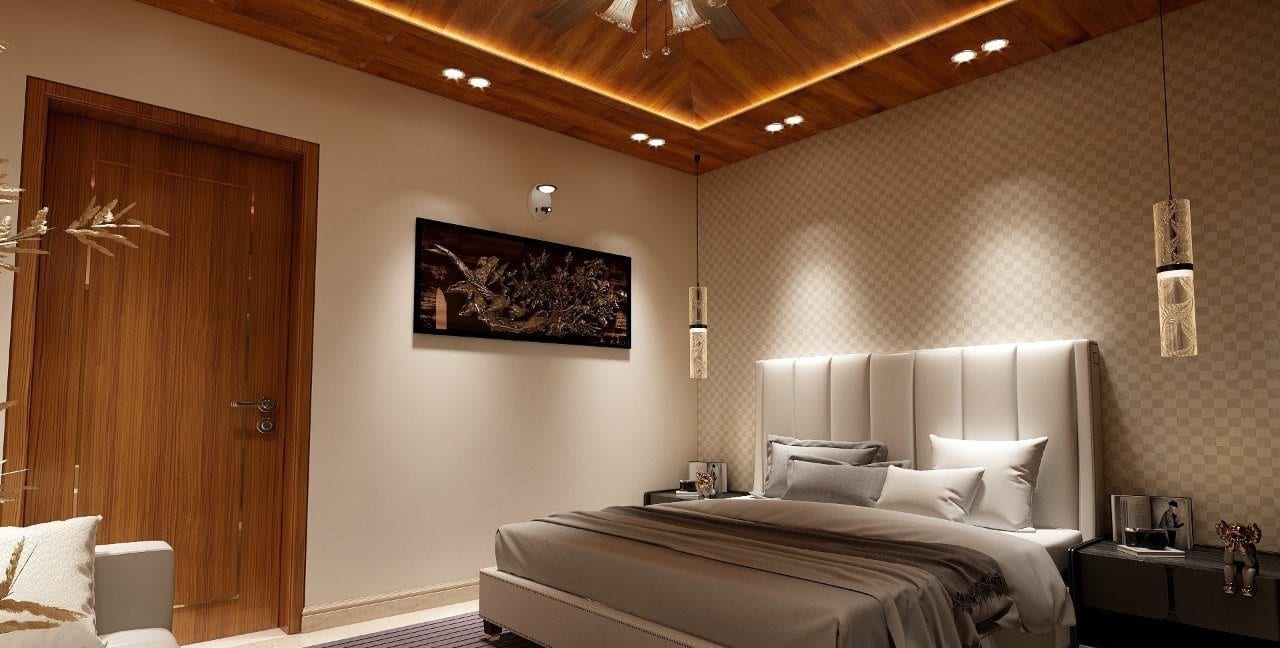 Residence at Bhajanpura — bedroom with layered ceiling detail