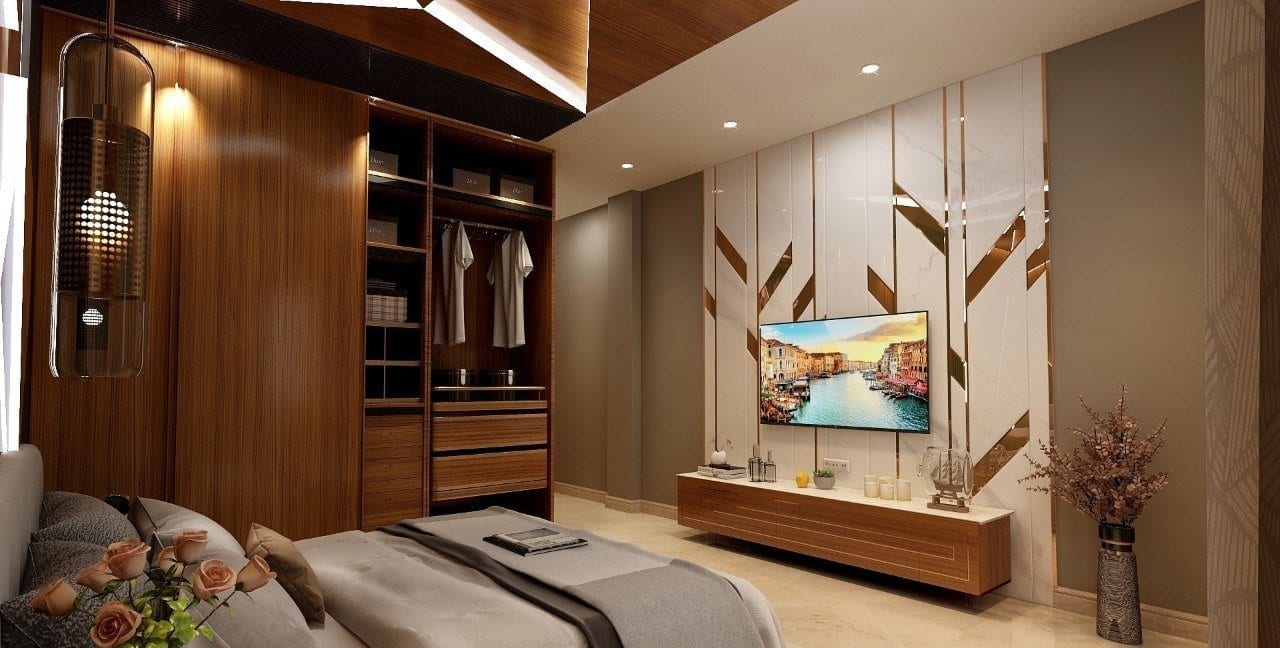 Residence at Bhajanpura — bedroom with media wall and wardrobe