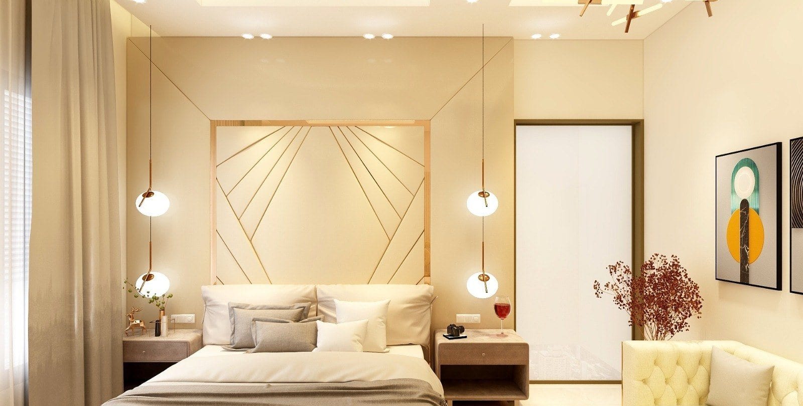 Residence at Bhajanpura — bedroom with upholstered headboard