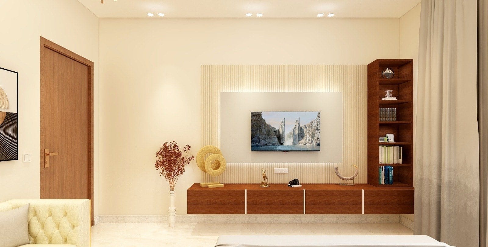Residence at Bhajanpura — bedroom with wall-mounted media unit