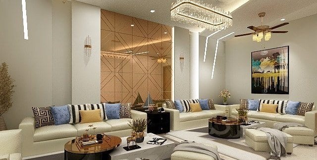 Residence at Bhajanpura — living room with layered lighting