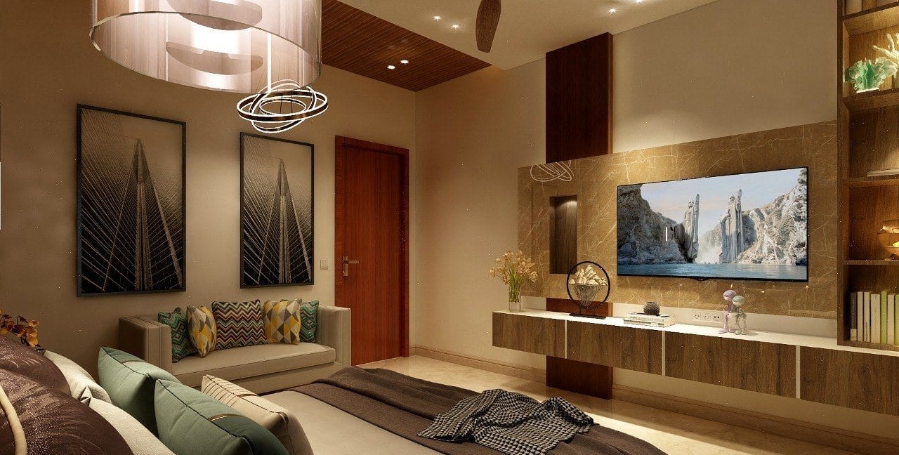 Residence at Bhajanpura — living room with panelled media wall