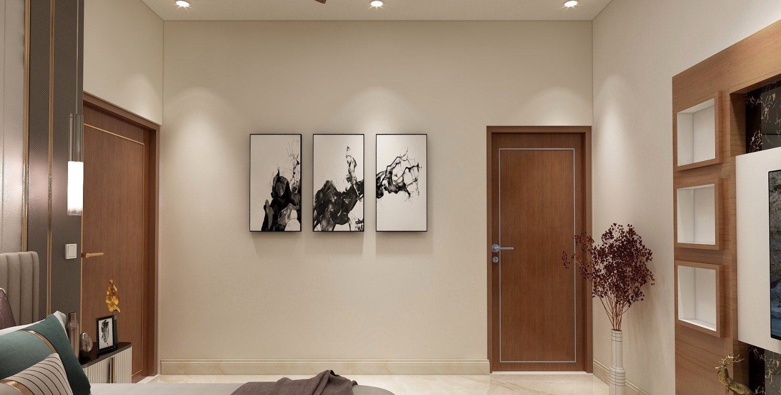Interior at Karawal Nagar — living room with fluted timber panelling