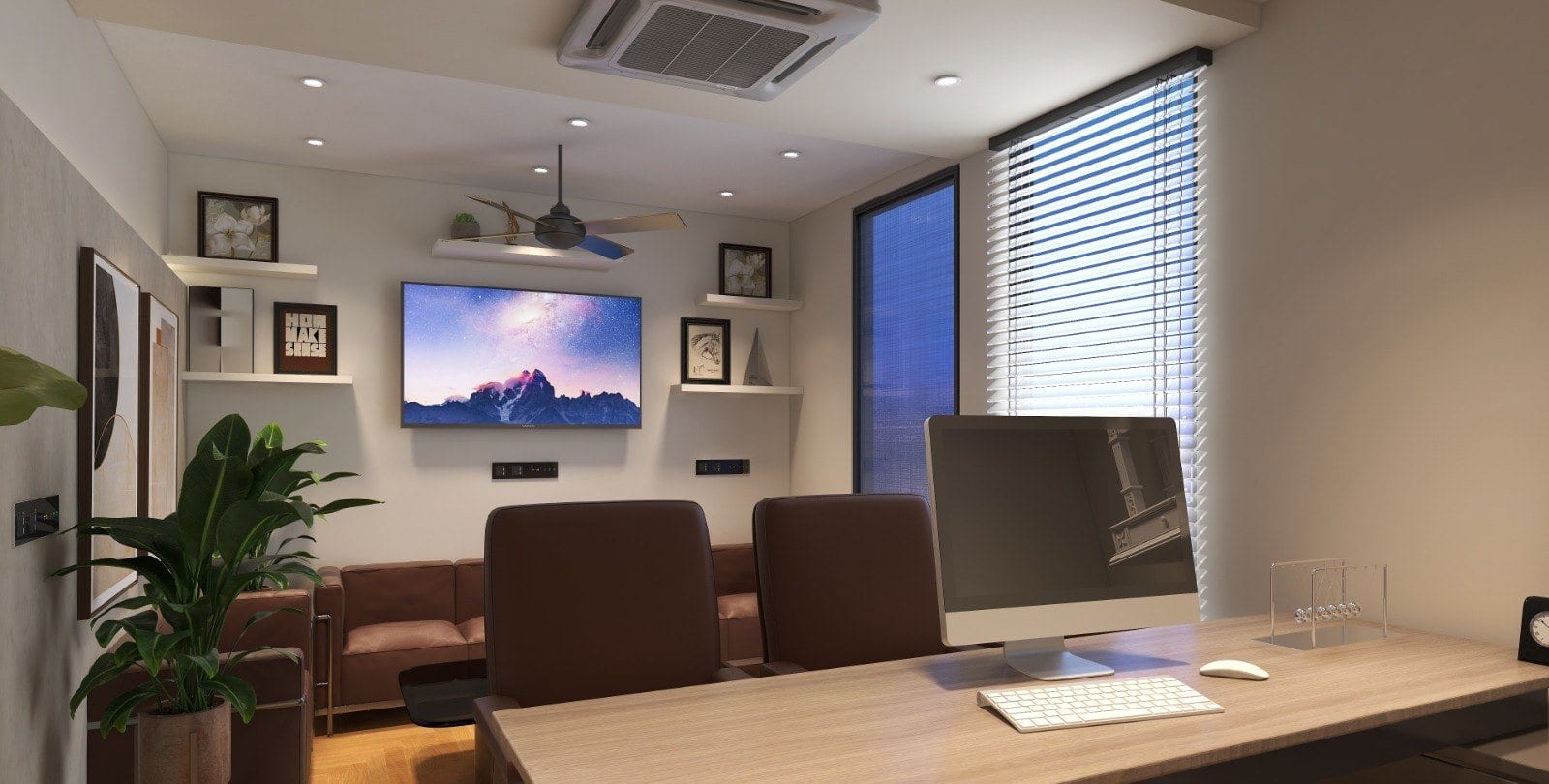 Office at Yamuna Vihar — cabin with meeting table and display wall